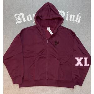 Victoria’s Secret PINK NWT Maroon Burgundy Wild Rose Fleece Full Zip Hoodie- XL